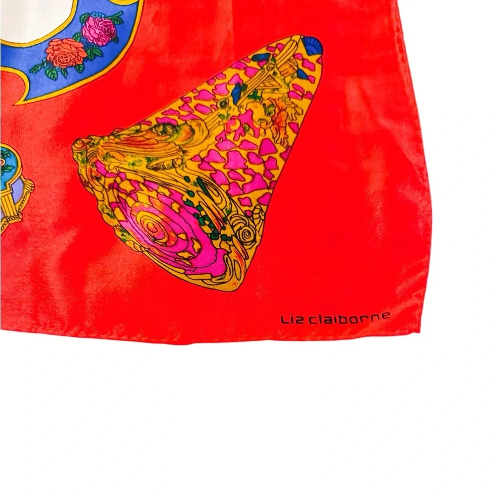 LIZ CLAIBORNE 80s Silk Vibrant Red Multicolored Carriage & Trinket Box Scarf 31”